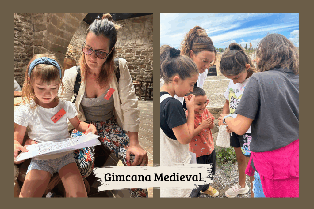 Gimcana medieval entre els murs de pedra del Castell de Súria. Una mare i una filla, mapes en mà, desxifren pistes dins del castell. A l'era, un grup de joves obren una bossa amb una pista clau per a la gimcana.
